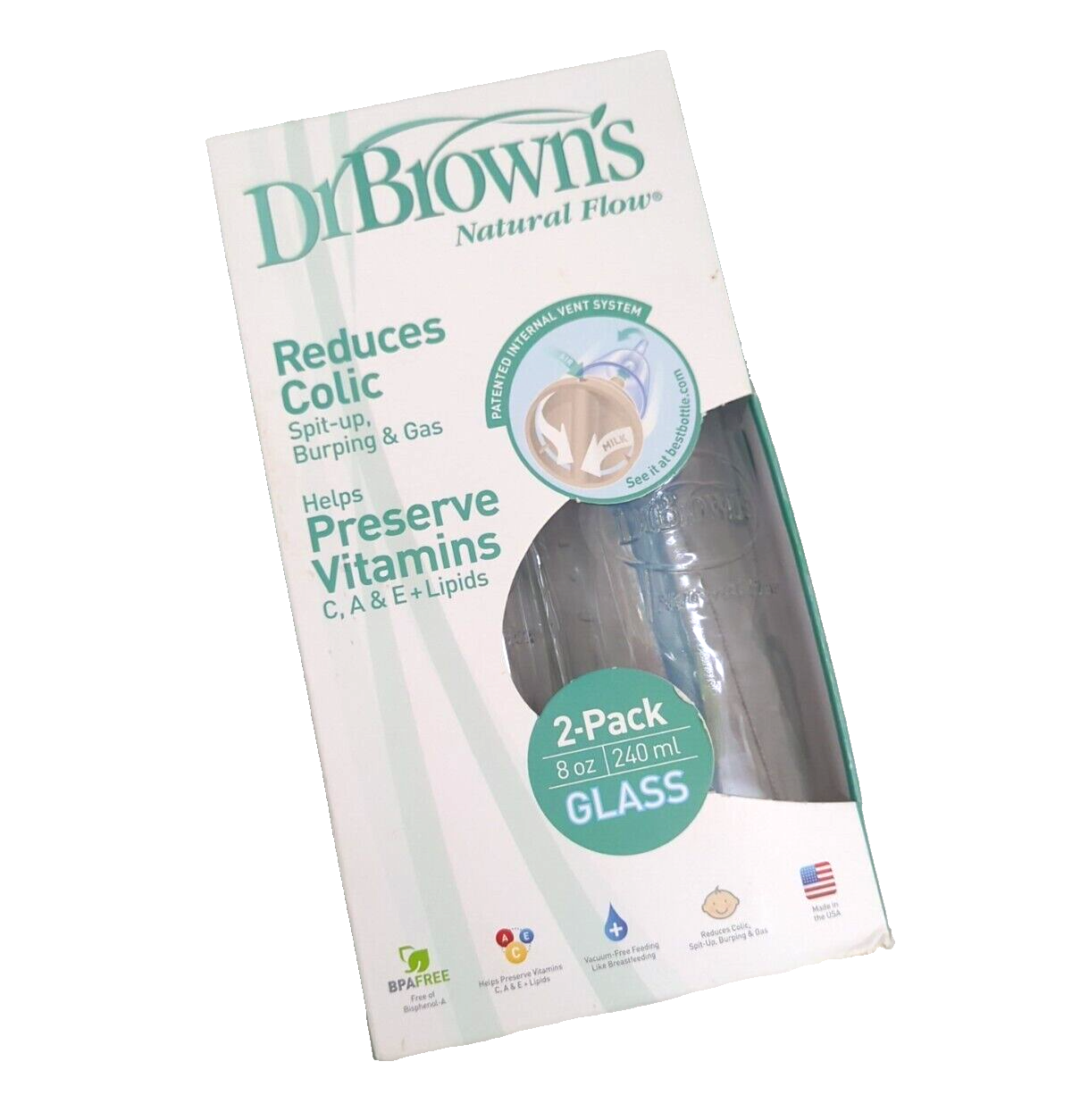 NEW Dr. Brown's Natural Flow Standard Glass Bottles, 8 Ounce, 2-Count - £27.44 GBP