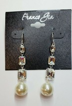 Franco Gia Silver Plated Earrings Cubic Zirconia Dangle W Squares W Pearl   #50 - $17.79