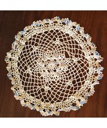 Vintage Hand Crochet Doily Round 14 Inch Beige w/ Multicolor Edges - €6,72 EUR