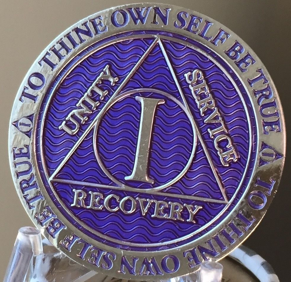 Recoverychip 1 Year AA Medallion Reflex Purple Silver Plated Sobriety Chip Coin - $18.99