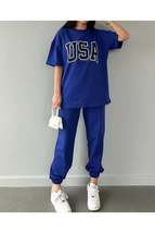 Usa T-shirt Sweatpants Jogger- Blue Printed Bottom Top Tracksuit Suit Oversize C - £39.05 GBP