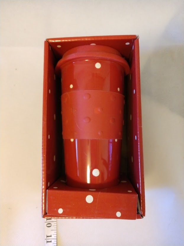 Valentine's Day Coffee Mug Red White Polka Dots Ceramic Travel Mug Silicone Lid - £11.96 GBP