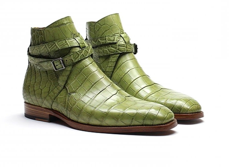 NEW Handmade Men Alligator Green Leather Ankle Boot, Men Strap Jodhpurs Fashion