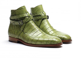 NEW Handmade Men Alligator Green Leather Ankle Boot, Men Strap Jodhpurs Fashion  - £122.27 GBP