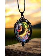 Gothic Style Glass Oval Pendant Necklace with Sunflower Design Black Rop... - $25.88