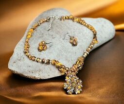 Vintage Natural Tigers Eye Rhinestone and Bronze AB Necklace and Earring... - $156.87