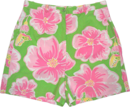 Vintage Lilly Pulitzer Shorts, Pink and Green Hibiscus Print-Size 6 - £37.74 GBP