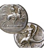 Phalanthos on DOLPHIN / OΛYMΠIΣ Warrior on Horse Taras Stater/Nomos Silv... - $850.25