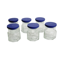 Wheaton Hexagonal Glass Jars 6 Piece Set Blue Plastic Lids Spices Apothe... - $19.78