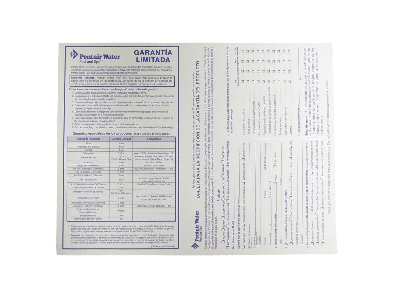 Pentair Water Pool and Spa Product Garantie Registration Card FR France - $9.99