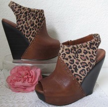 Lucky Brand Ramona Wedge Bootie 7.5M Peep Toe Leopard Suede Brown Leather Studs - £22.36 GBP