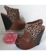 Lucky Brand Ramona Wedge Bootie 7.5M Peep Toe Leopard Suede Brown Leathe... - £22.01 GBP