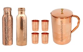 Handmade Copper Hammered Bottle Water Pitchers Jug 4 Drinking Tumbler Se... - £60.36 GBP