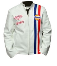 Mens Steve McQueen Le Mans White Gulf Racing Style Stripes White Leather Jacket - £54.50 GBP