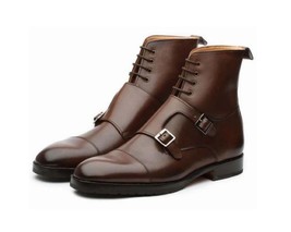 Handmade Men&#39;s Brown Cap Toe Leather Boots, Men Lace Up Double Monk Stra... - £141.63 GBP