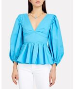 STAUD Luna Poplin Puff Sleeve Top Shirt Blue Sz 00 (XS) NWT - €77,27 EUR