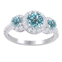 3 CT Rond Bleu Clair Moissanite Trois Pierre Halo Bague Mariée Argent Sterling - £288.73 GBP