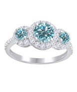 3 CT Rond Bleu Clair Moissanite Trois Pierre Halo Bague Mariée Argent St... - $512.78 CAD