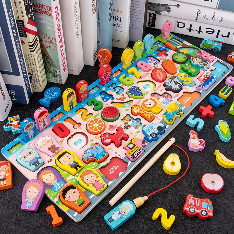 3D Wooden blocks children&#39;s Montessori magnetic fishing board game number letter - £10.38 GBP+