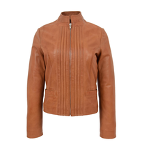 DR210 Women&#39;s Casual Biker Leather Jacket Tan - £118.43 GBP