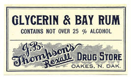 Vintage Pharmacy Label Glycerin &amp; Bay Rum J.B. Thomson&#39;s Rexall Drug Store - £20.79 GBP