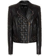 New Woman Balmain Quilted Golden Studded Black Brando Classic Leather Ja... - $189.99
