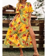 Floral Print Surplice Neck Dress, Boho Short Sleeve Tie Waist Split Maxi... - $47.66 CAD