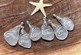 6 Beautiful Silver Wire Wrapped Genuine Clear Frost Sea Glass Necklace Pendants! - £13.13 GBP