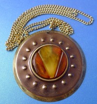 VTG Folk Jewelry Cognac Yellow Baltic Amber round PENDANT w/ new chain handmade - £15.18 GBP