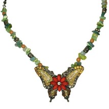 Vtg Butterfly Necklace 16” Green Confetti Lucite Pendant Natural Stones Beaded - £17.73 GBP