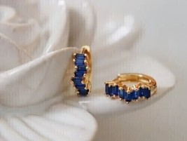 14k Yellow Gold Plated 2.60Ct Baguette Cut Simulated Blue Sapphire Hoop Earrings - £59.81 GBP