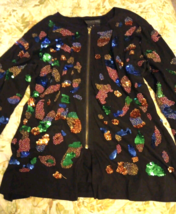 Gene Ewing Vintage Zip Front Sweater Sz. M Black Beads,  Sequins  - $74.48