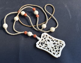 C1900 Chinese Hand Carved Pendant with Genuine Coral Seed Beads Macrame ... - £63.38 GBP