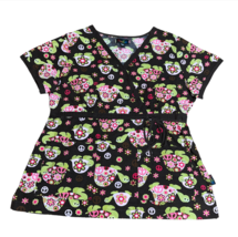 Peaches Brown Pink Turtle Floral Peace Sign Hippie Size Medium Scrub Top... - £15.97 GBP