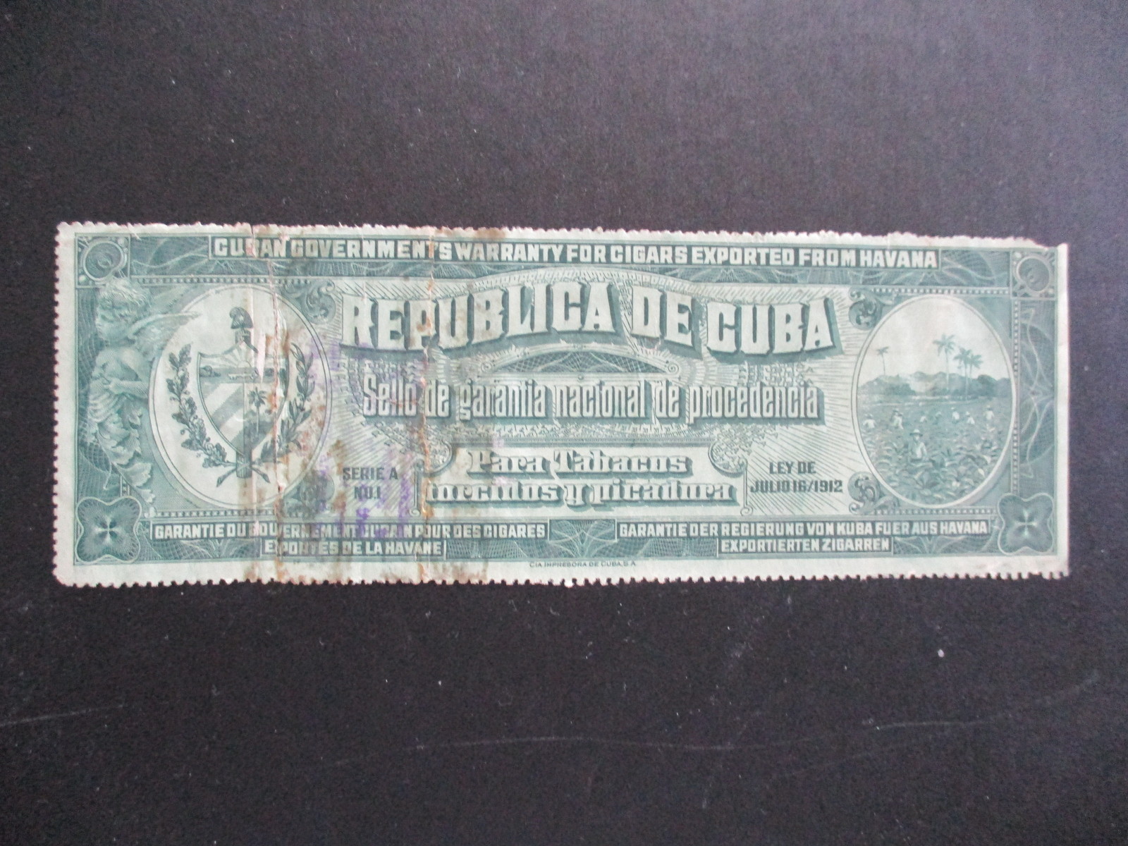 Primary image for VINTAGE AUTHENTIC CUBAN GOVERNMENT'S WARRANTY FOR EXPORTED CIGARS FROM HAVANA