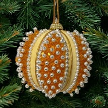 Victorian Push Pin Christmas Ornament Round Handmade Satin Gold Beads Vintage  - £21.35 GBP