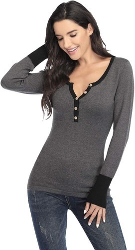 MISS MOLY Women's Long Sleeve Knitted Sweater Sexy Deep V Neck Fitted Tops Grey Item image 2