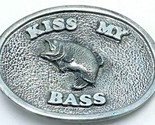 Vintage Fishing Angler Belt Buckle &quot;Kiss My Bass&quot; Pewter Tone 3&quot; x 2 1/4... - $25.69