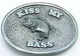 Vintage Fishing Angler Belt Buckle &quot;Kiss My Bass&quot; Pewter Tone 3&quot; x 2 1/4... - £20.20 GBP