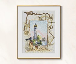 Lighthouse cross stitch sea coast pattern pdf - Seagulls embroidery seas... - $11.29