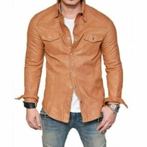 Men&#39;s Tan Timber Washed Shirt Jacket Cuir Smart Casual Lederhemd Trucker... - £79.90 GBP