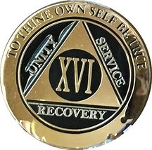 RecoveryChip 16 Year AA Medallion Elegant Black Gold Silver Bi-Plated Alcoholics - £15.86 GBP