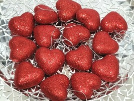 (15) Valentines Day Red Glitter Hearts 1.5&quot; Styrofoam Tree Ornaments Decor - $13.85