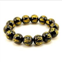 BLACK AGATE MALA 14mm Stone Prayer Bead Stretch Bracelet Sanskrit Om Man... - $4.95