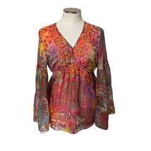 Boston Proper Beaded Long Sleeve Boho Blouse in Multicolor Leopard Print Small - £25.40 GBP