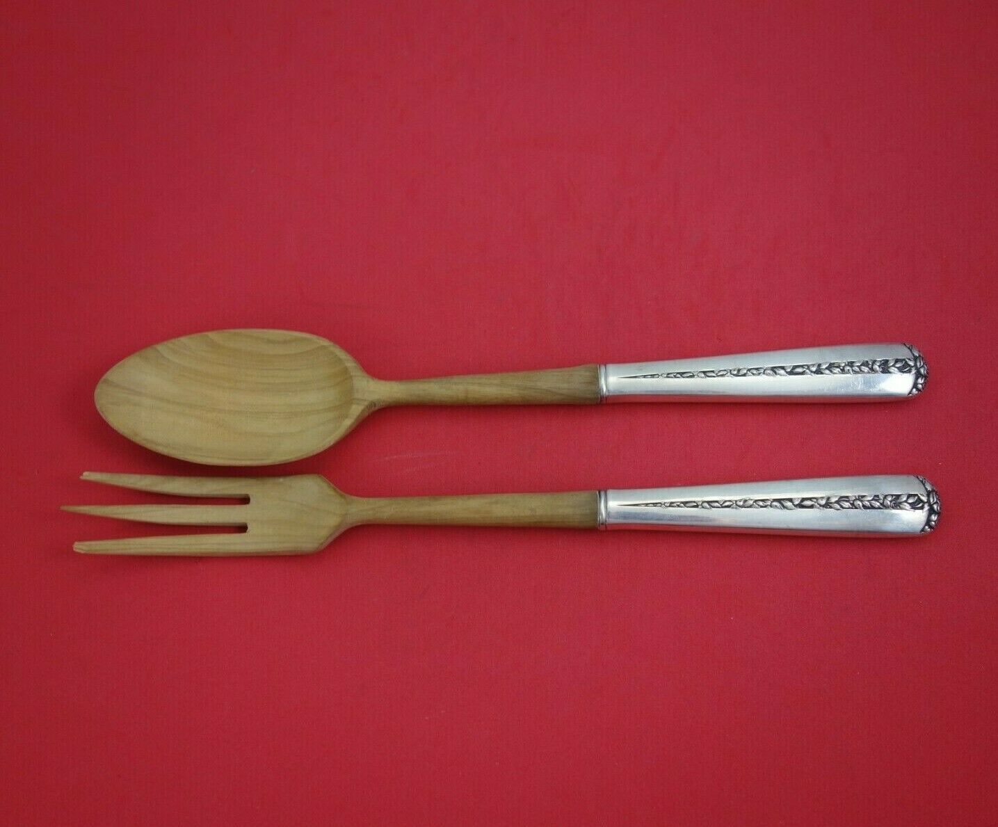 Primary image for Rambler Rose by Towle Sterling Silver Salad Serving Set 2pc Olive Wood 10 3/4"