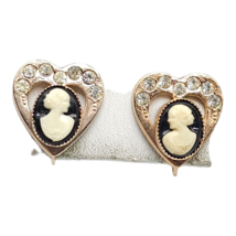 Clear Rhinestone Black Acrylic Cameo Heart Shape Earrings Gold Tone Vintage - £17.21 GBP