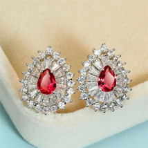 2.50Ct Pear Cut CZ Red Ruby Women&#39;s Stud Earrings 14K White Gold Plated Silver - £90.19 GBP