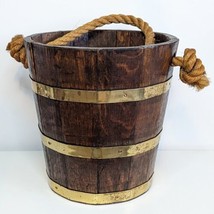 Antique Victorian Coopered Brass &amp; Oak Wood Bucket with Rope Handle, Large - £95.61 GBP