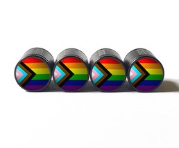 LGBT+ Progress Pride Flag Tire Valve Stem Caps - Black Aluminum - Set of... - £12.75 GBP